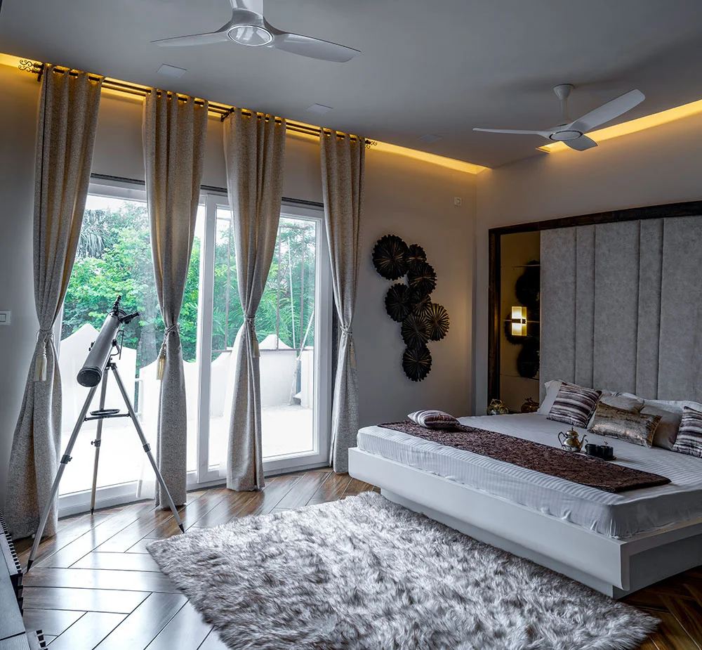 Master bedroom with full-height windows, Patel Residence